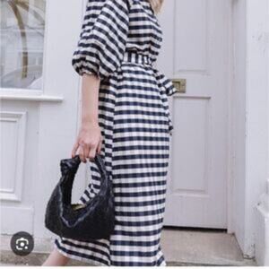 H&M Navy Blue Check Puff Sleeve Button Front Midi Belted Dress Size M